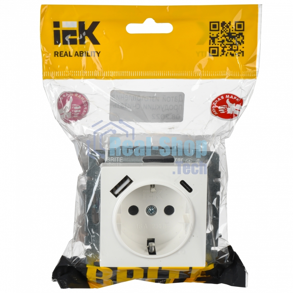 Розетка 1-местная IEK BRITE РЮш11-1-БрБ (BR-R14-16-U22-018-K01) с заземлением, с защитными шторками, 16А, с USB A+C 18 Вт, белый