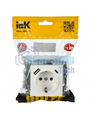 Розетка 1-местная IEK BRITE РЮш11-1-БрБ (BR-R14-16-U22-018-K01) с заземлением, с защитными шторками, 16А, с USB A+C 18 Вт, белый