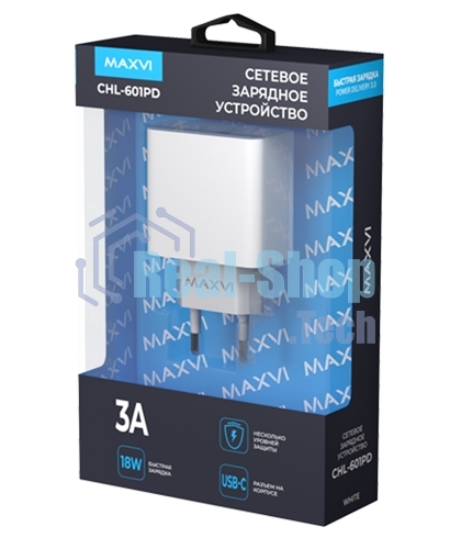 Сетевое зарядное устройство Maxvi CHL-601PD 18W, 3A, QC 3.0, PD 3.0, 1xUSB-C, белый