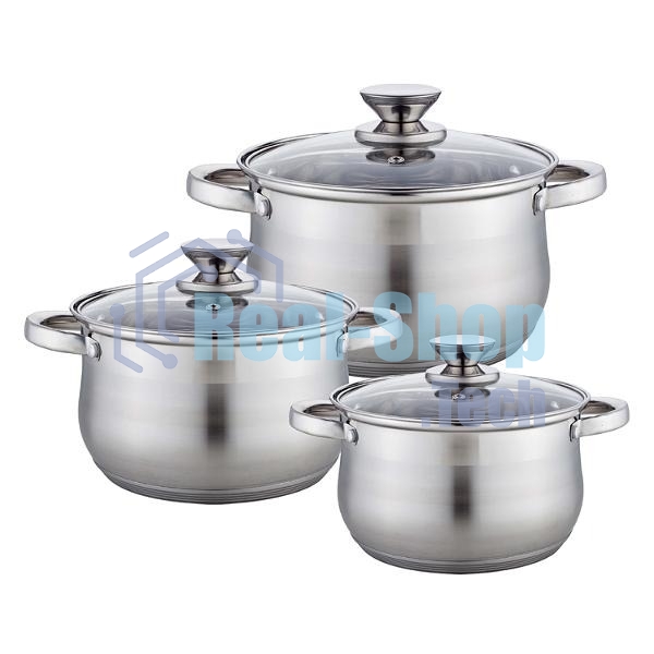 Набор посуды WEBBER BE-615/6 из нерж.стали 6 пр. 2,9 л, 5,1 л, 6,6 л со стеклянными крышками В наборе 6 предметов: кастрюля со стеклянной крышкой 18х11,5 см; 2,9 л кастрюля со стеклянной крышкой 22х13,5 см; 5,1 л кастрюля со стеклянной крышкой 24х14,5 см; 6,6 л Толщина стали 0,5 мм