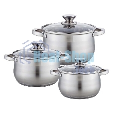 Набор посуды WEBBER BE-615/6 из нерж.стали 6 пр. 2,9 л, 5,1 л, 6,6 л со стеклянными крышками В наборе 6 предметов: кастрюля со стеклянной крышкой 18х11,5 см; 2,9 л кастрюля со стеклянной крышкой 22х13,5 см; 5,1 л кастрюля со стеклянной крышкой 24х14,5 см; 6,6 л Толщина стали 0,5 мм