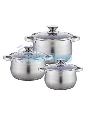 Набор посуды WEBBER BE-615/6 из нерж.стали 6 пр. 2,9 л, 5,1 л, 6,6 л со стеклянными крышками В наборе 6 предметов: кастрюля со стеклянной крышкой 18х11,5 см; 2,9 л кастрюля со стеклянной крышкой 22х13,5 см; 5,1 л кастрюля со стеклянной крышкой 24х14,5 см; 6,6 л Толщина стали 0,5 мм