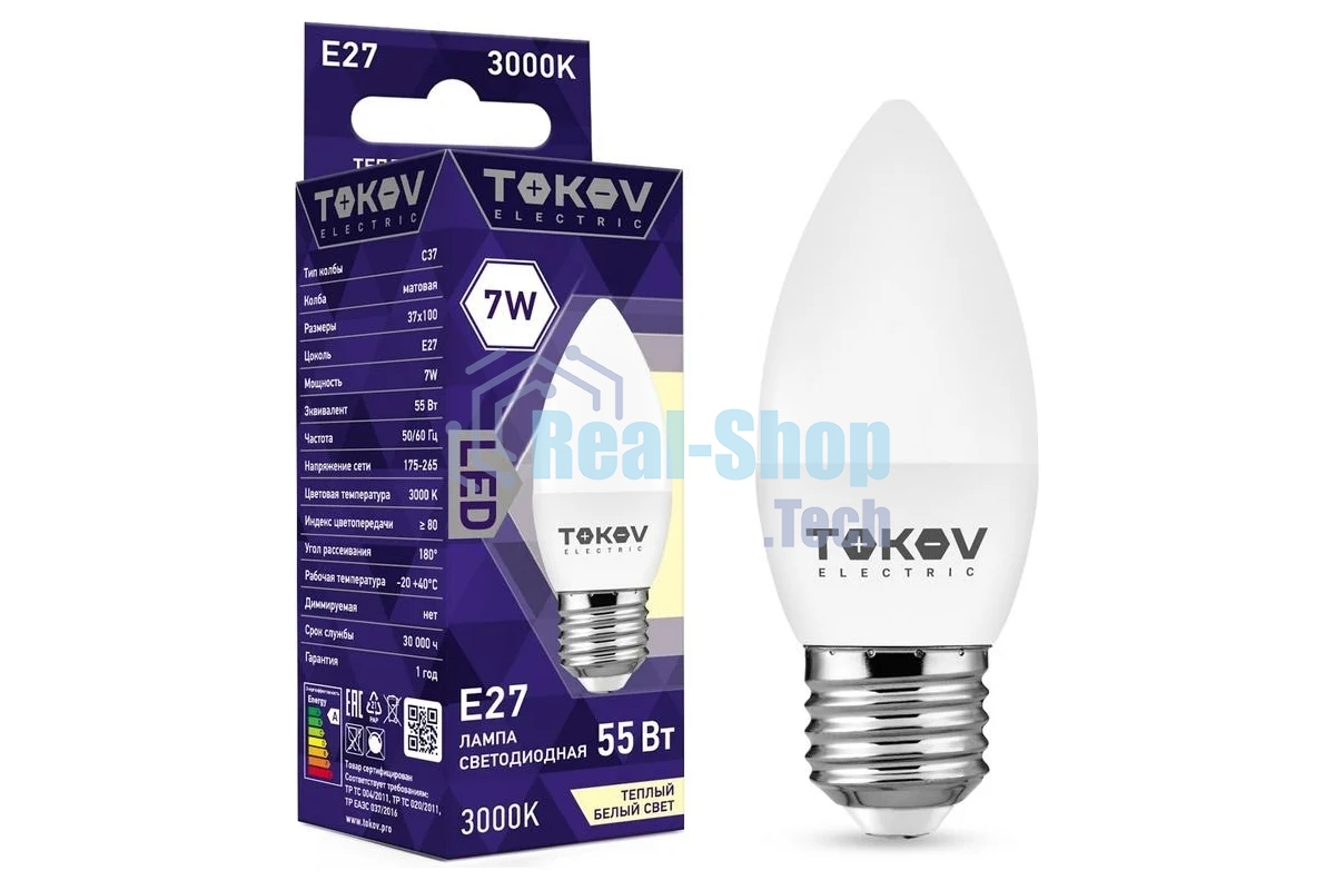 Лампа светодиодная TOKOV ELECTRIC 7Вт С37 3000К Е27 176-264В