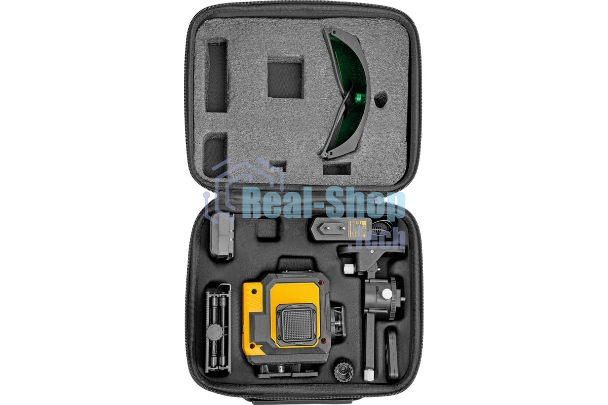 Лазерный уровень мультипризменный Denzel DLV-360-3C, 30 м, зеленый луч, Li-Ion 2,4 Aч, кейс