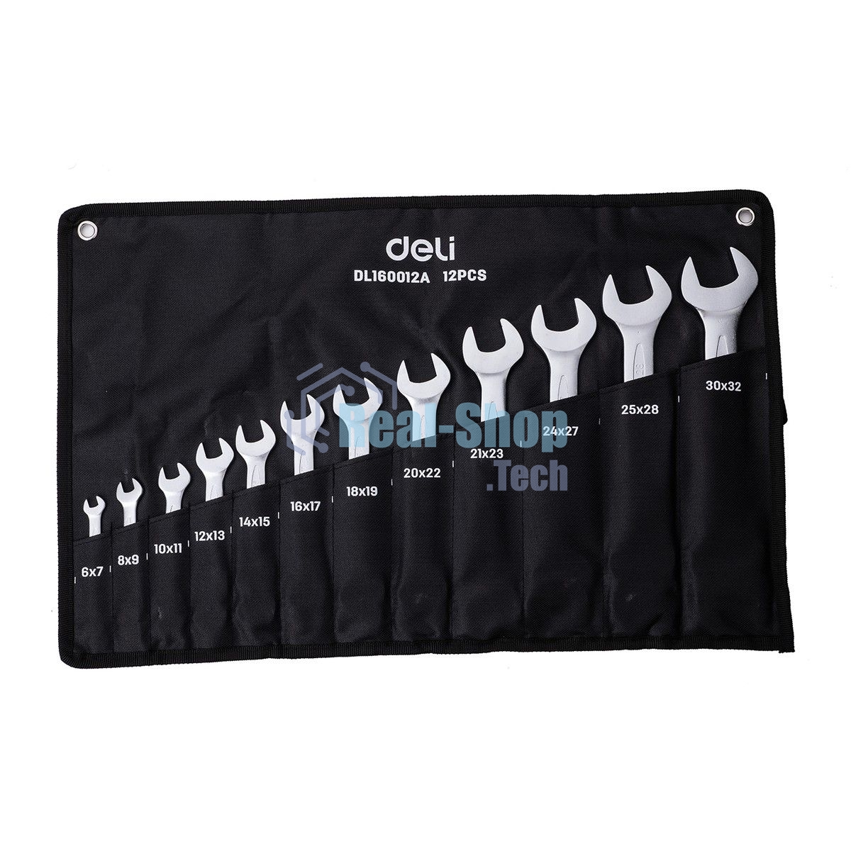 Набор двусторонних гаечных ключей 12 шт Deli DL160012A Спецификация: 6x7мм, 8x9мм, 10x11мм, 12x13мм, 14x15мм, 16x17мм, 18x19мм, 20x22мм, 21x23мм, 24x27мм, 25x28мм, 30x32мм. Матовая хромированная поверхность. Тканевая упаковка.