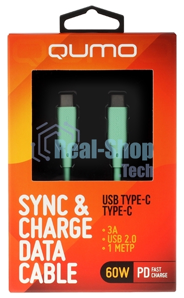 Кабель QUMO 32970 Type-C на Type-C, силиконовый, 1м, 3A, 60W, PD (зеленый)