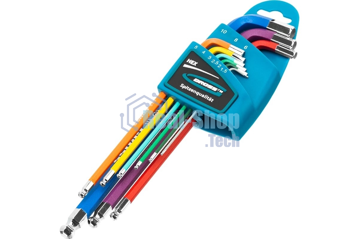 Набор ключей Gross 16400 имбусовых hex 1.5–10мм s2 9шт магнит экстра-длин. с шаром хром/краска