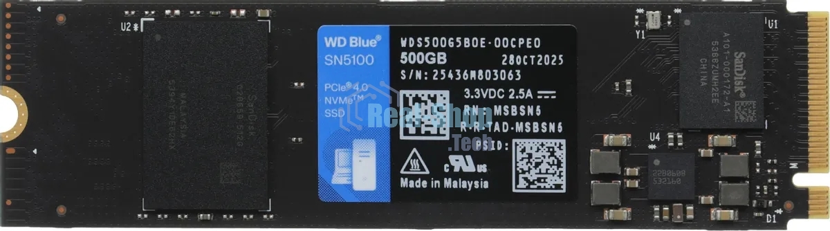 Накопитель SSD 500GB WD Blue SN5100, NVMe, M.2 2280, PCI-E 4x4 R/W - 5600/6600 Mb/s