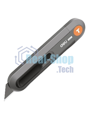 Технический нож Home Series Gray Deli HT4008C Т-образное лезвие с механизмом автоматического возврата, эксклюзивный дизайн, корпус из высококачественного софттач пластика