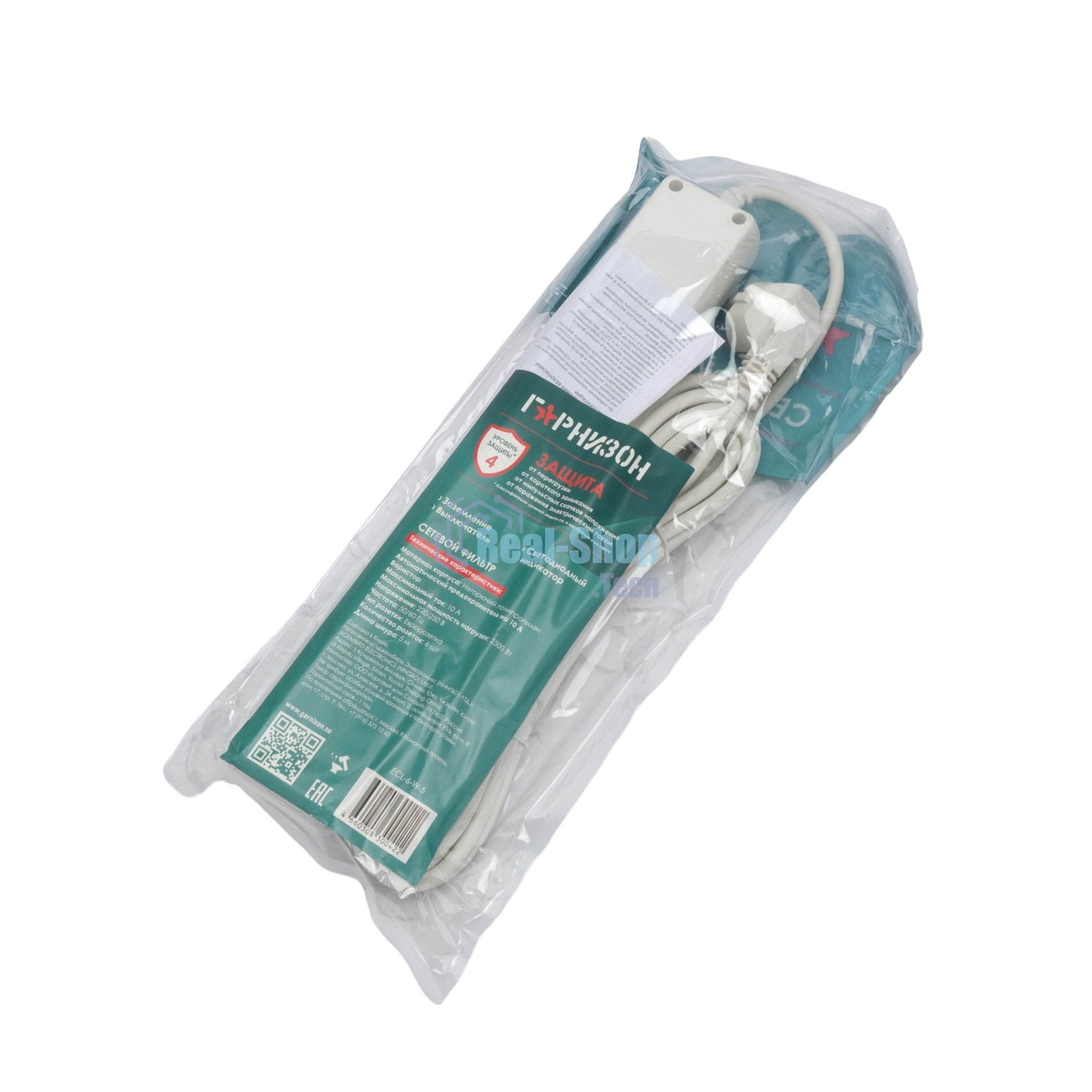 Сетевой фильтр Гарнизон ECL-6-W-5, 6 р, 10А, 5 м, ур.защиты 4, белый, пакет