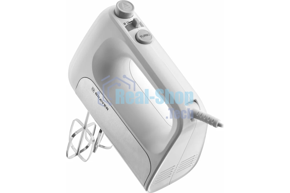 Миксер BRAYER BR1303, 500 Вт, корп.из нерж.стали, 5 режимов, 2 крюка, 2 венчика