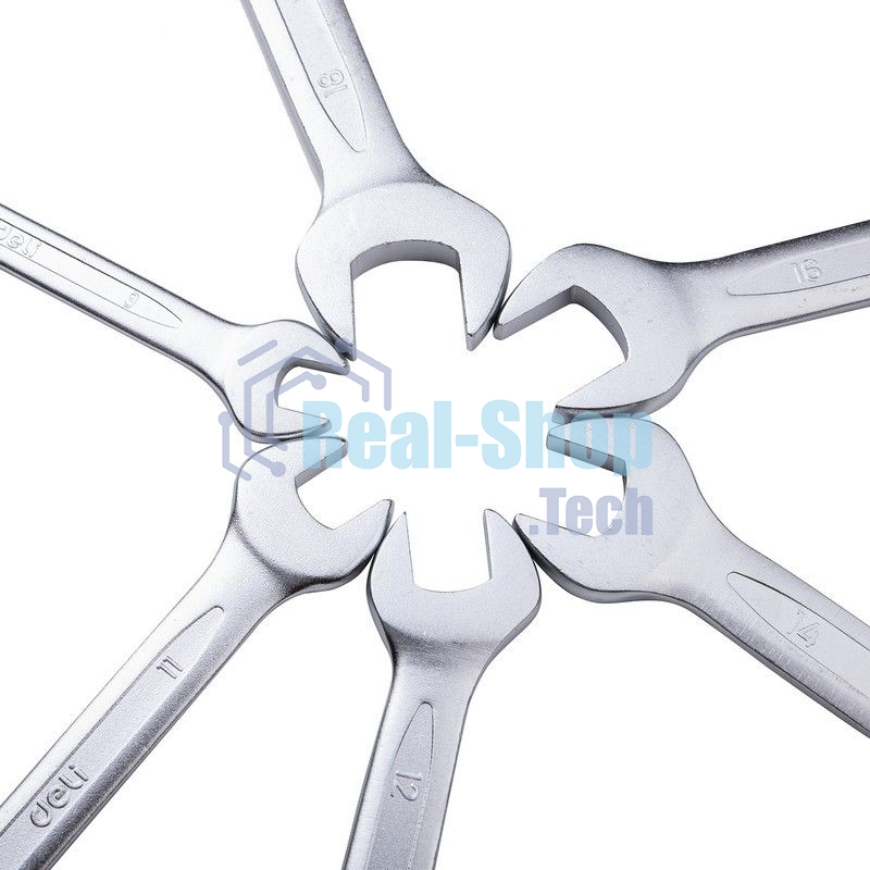 Набор двусторонних гаечных ключей 12 шт Deli DL160012A Спецификация: 6x7мм, 8x9мм, 10x11мм, 12x13мм, 14x15мм, 16x17мм, 18x19мм, 20x22мм, 21x23мм, 24x27мм, 25x28мм, 30x32мм. Матовая хромированная поверхность. Тканевая упаковка.