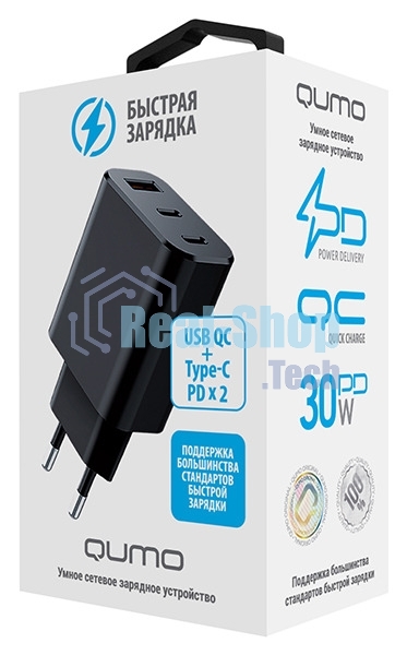 Сетевое зарядное устройство Qumo Energy GaN PD 30W (Charger 0073), три порта: 2х Type-C PD + USB-A QC3.0,черный
