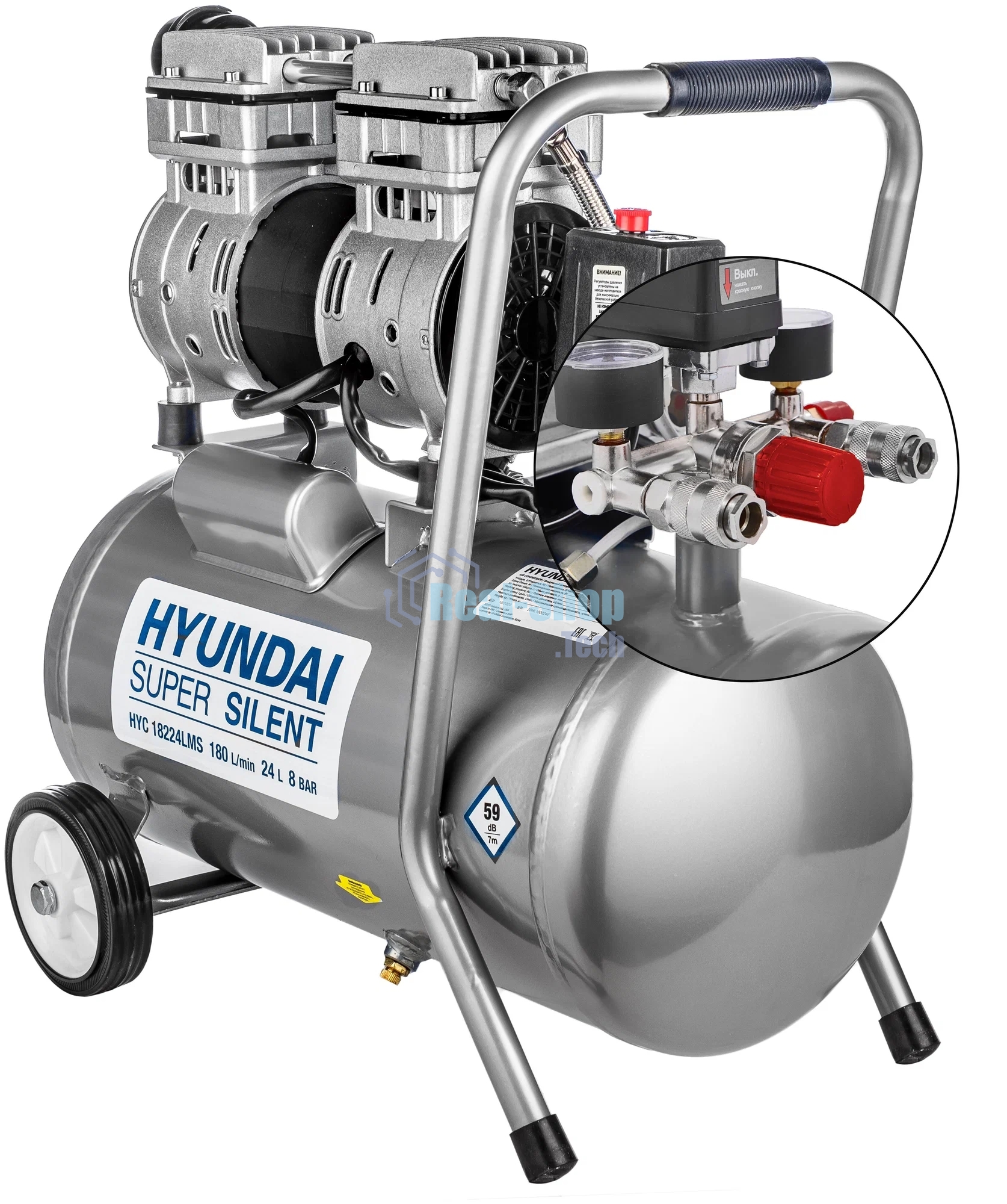 Компрессор поршневой Hyundai HYC 18224LMS безмасляный 180л/мин 24л 1000Вт серебристый