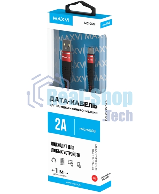 Кабель Maxvi MC-05M red USB-A - microUSB, 2A ток макс. нагрузки 2А, макс. напряжение 5V; стандарт USB 2.0; длина 1м, оплетка TPU, металлические корпуса разъемов, цвет красный