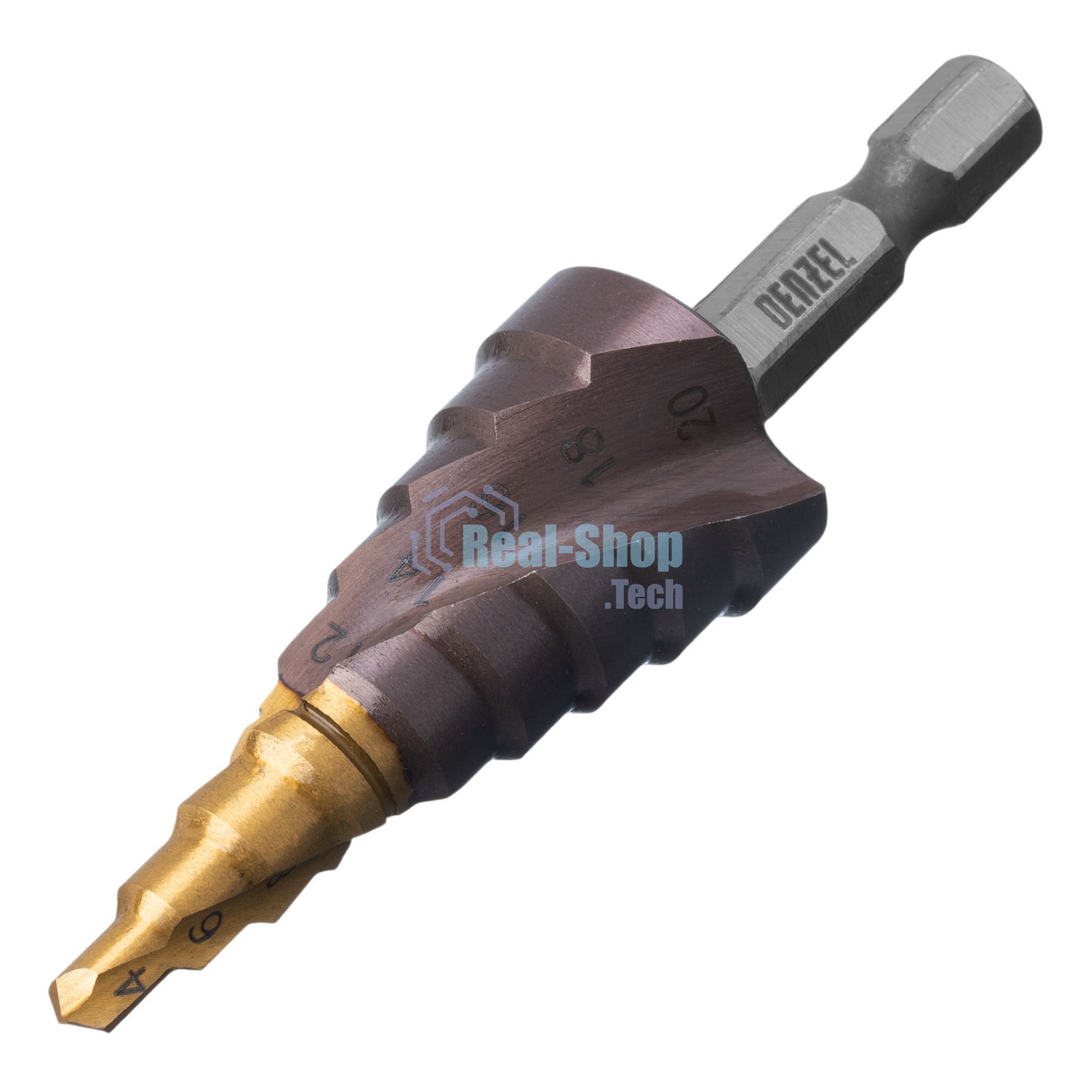 Сверло ступенчатое Denzel 4-6-8-10-12-14-16-18-20 мм, Р6М5К5, 6-гр. хвостовик 723613