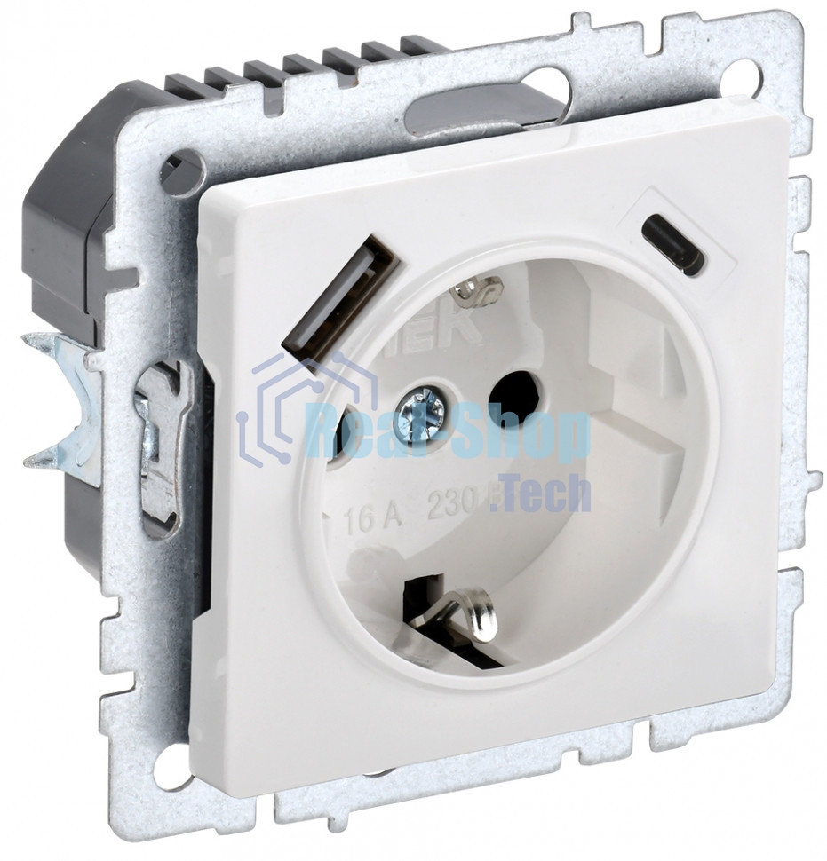 Розетка 1-местная IEK BRITE РЮш11-1-БрБ (BR-R14-16-U22-018-K01) с заземлением, с защитными шторками, 16А, с USB A+C 18 Вт, белый