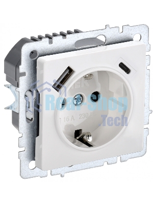 Розетка 1-местная IEK BRITE РЮш11-1-БрБ (BR-R14-16-U22-018-K01) с заземлением, с защитными шторками, 16А, с USB A+C 18 Вт, белый