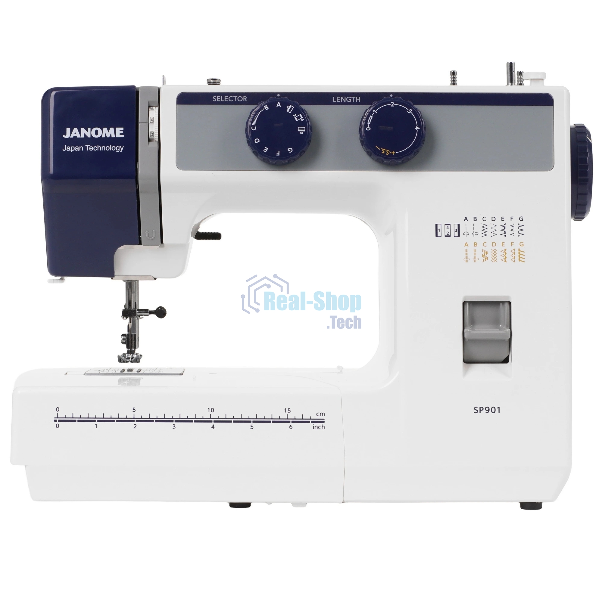 Швейная машина Janome SP901 белый/синий, электромеханическая, вертикальный качающийся, 15 операций, петля полуавтомат