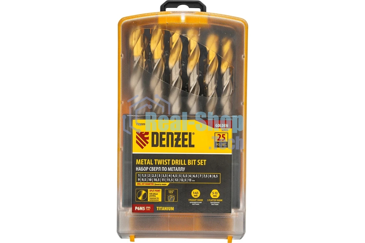 Набор сверл по металлу Denzel 1-13 мм, Р6М5-TiN, Golden Tip, 25 шт 723009