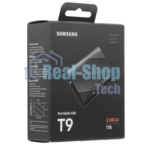 Внешний SSD Samsung T9, 1TB, USB 3.2 Gen 2x2 Type-C, R/W 2000/1950, черный