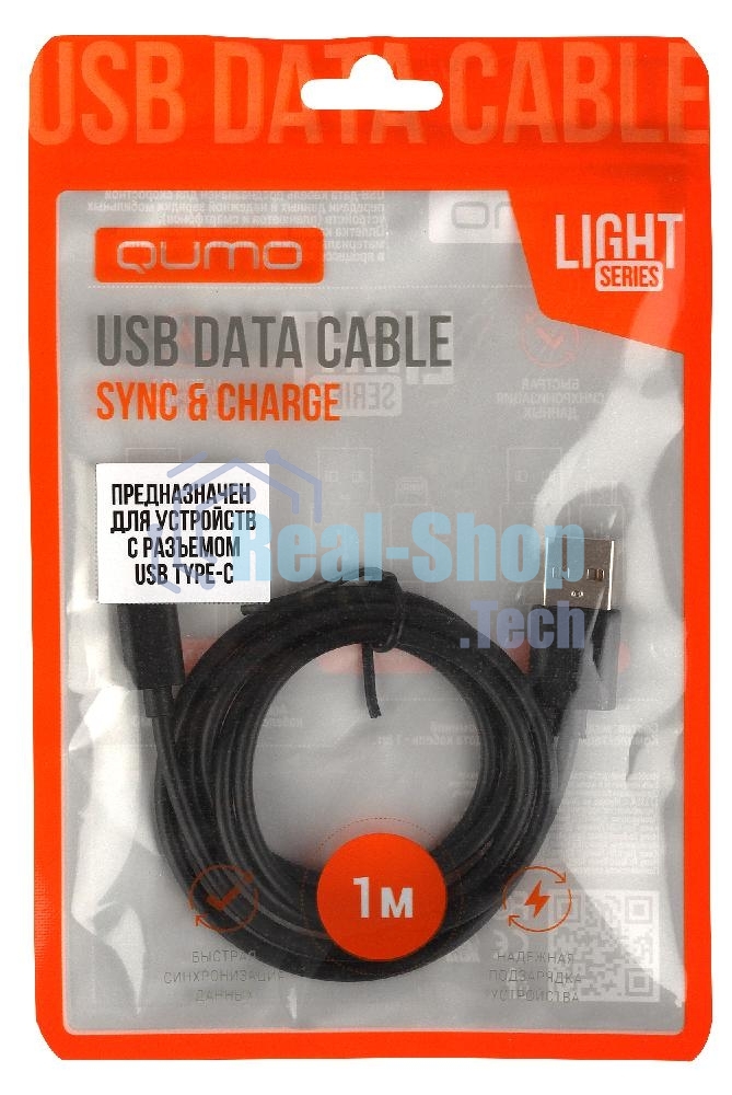 Кабель Qumo light series, USB-Type C, 1м, 5В, 1A, опл. PVC, кон. PVC, круглый, черный