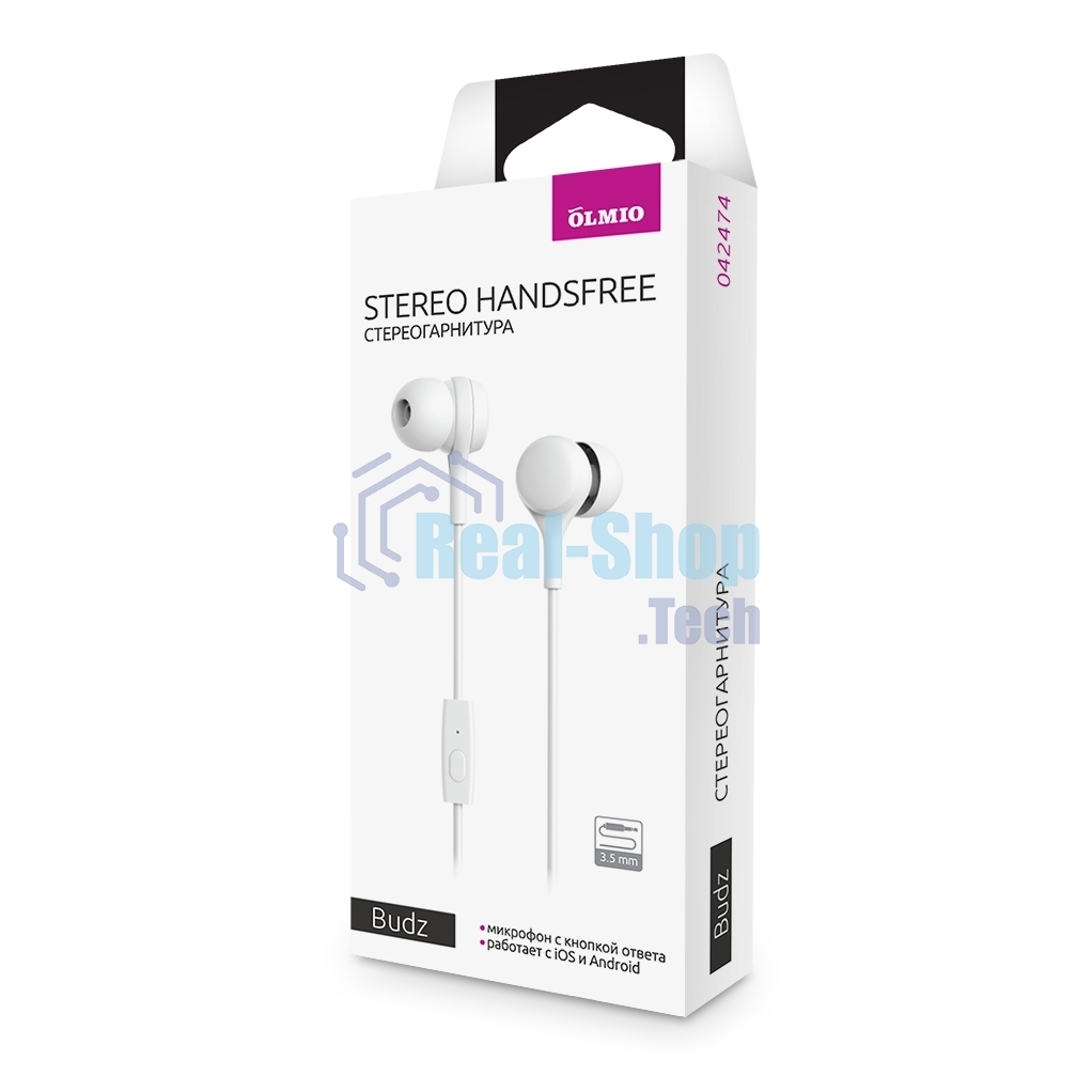 Наушники-гарнитура OLMIO Budz 3.5мм, белые, с микрофоном и кнопкой ответа