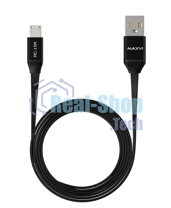 Кабель Maxvi MC-15M black, USB-A - microUSB, 2A ток макс. нагрузки 2А, макс. напряжение 5V; стандарт USB 2.0; плоский кабель, длина 1м, оплетка TPE, металлические корпуса разъемов, цвет черный