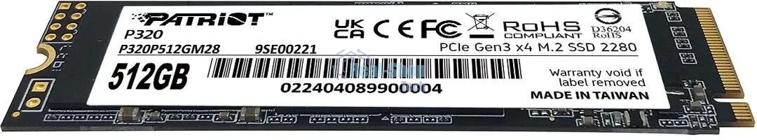 Накопитель SSD Patriot P320, 512Gb, PCIe 3.0 x4, M.2 2280, NVMe, R/W 3000/2200
