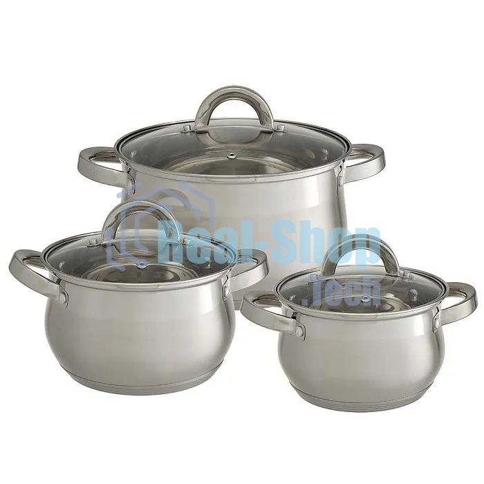 Набор посуды WEBBER BE-616/6 из нерж.стали 6 пр. 2,1 л, 2,9 л, 3,9 л со стеклянными крышками В наборе 6 предметов: кастрюля со стеклянной крышкой 16х10,5 см; 2,1 л кастрюля со стеклянной крышкой 18х11,5 см; 2,9 л кастрюля со стеклянной крышкой 20х12,5см; 3,9л Толщина стали 0,5 мм