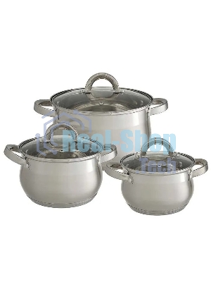 Набор посуды WEBBER BE-616/6 из нерж.стали 6 пр. 2,1 л, 2,9 л, 3,9 л со стеклянными крышками В наборе 6 предметов: кастрюля со стеклянной крышкой 16х10,5 см; 2,1 л кастрюля со стеклянной крышкой 18х11,5 см; 2,9 л кастрюля со стеклянной крышкой 20х12,5см; 3,9л Толщина стали 0,5 мм