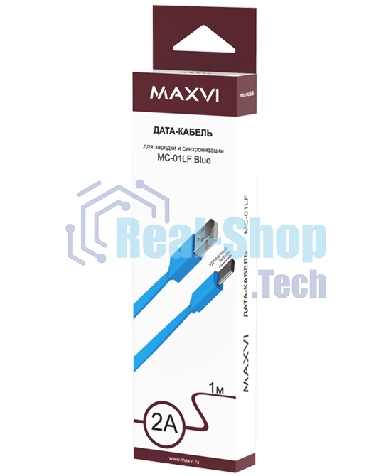 Кабель Maxvi MC-01LF blue USB-A - microUSB, 2A Плоский кабель, ток макс. нагрузки 2А, макс. напряжение 5V; стандарт USB 2.0; длина разъема microUSB 10 мм, длина 1м, материал PVC, синий