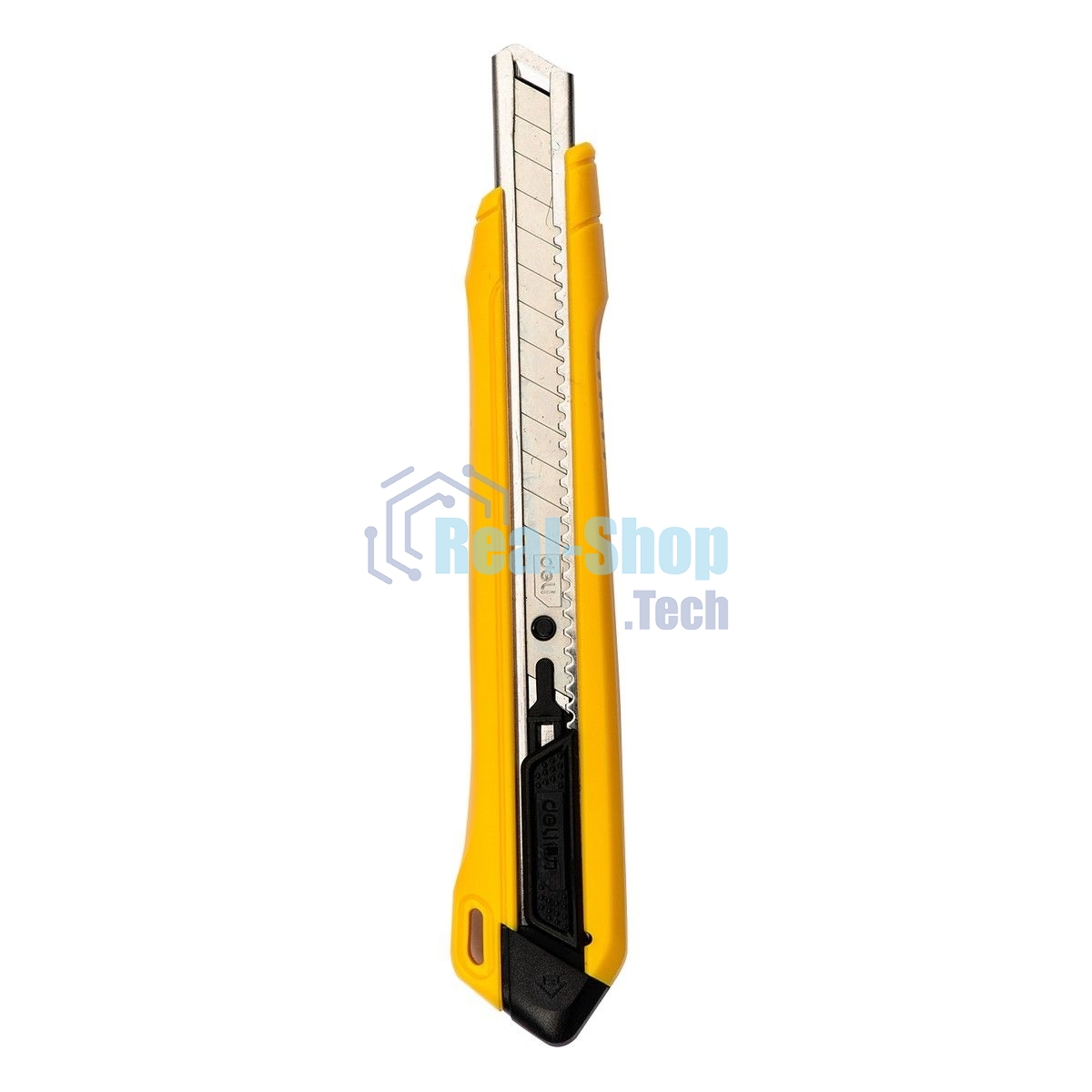 Технический нож Deli DL009B 9мм SK4, лезвие 13 секций, ударопрочный корпус. Кнопка автоматической блокировки.