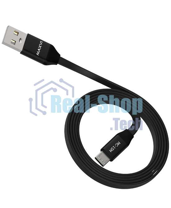 Кабель Maxvi MC-15M black, USB-A - microUSB, 2A ток макс. нагрузки 2А, макс. напряжение 5V; стандарт USB 2.0; плоский кабель, длина 1м, оплетка TPE, металлические корпуса разъемов, цвет черный