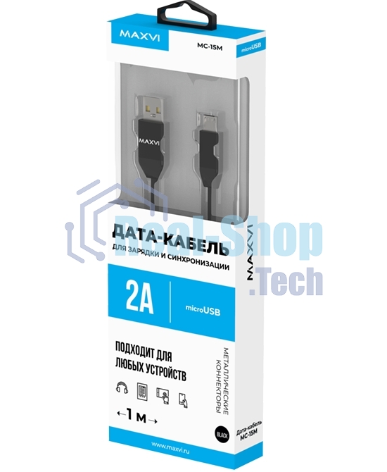 Кабель Maxvi MC-15M black, USB-A - microUSB, 2A ток макс. нагрузки 2А, макс. напряжение 5V; стандарт USB 2.0; плоский кабель, длина 1м, оплетка TPE, металлические корпуса разъемов, цвет черный