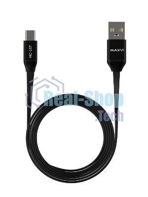Кабель Maxvi MC-15T black, USB-A - Type-C, 2A ток макс. нагрузки 2А, макс. напряжение 5V; стандарт USB 2.0; плоский кабель, длина 1м, оплетка TPE, металлические корпуса разъемов, цвет черный