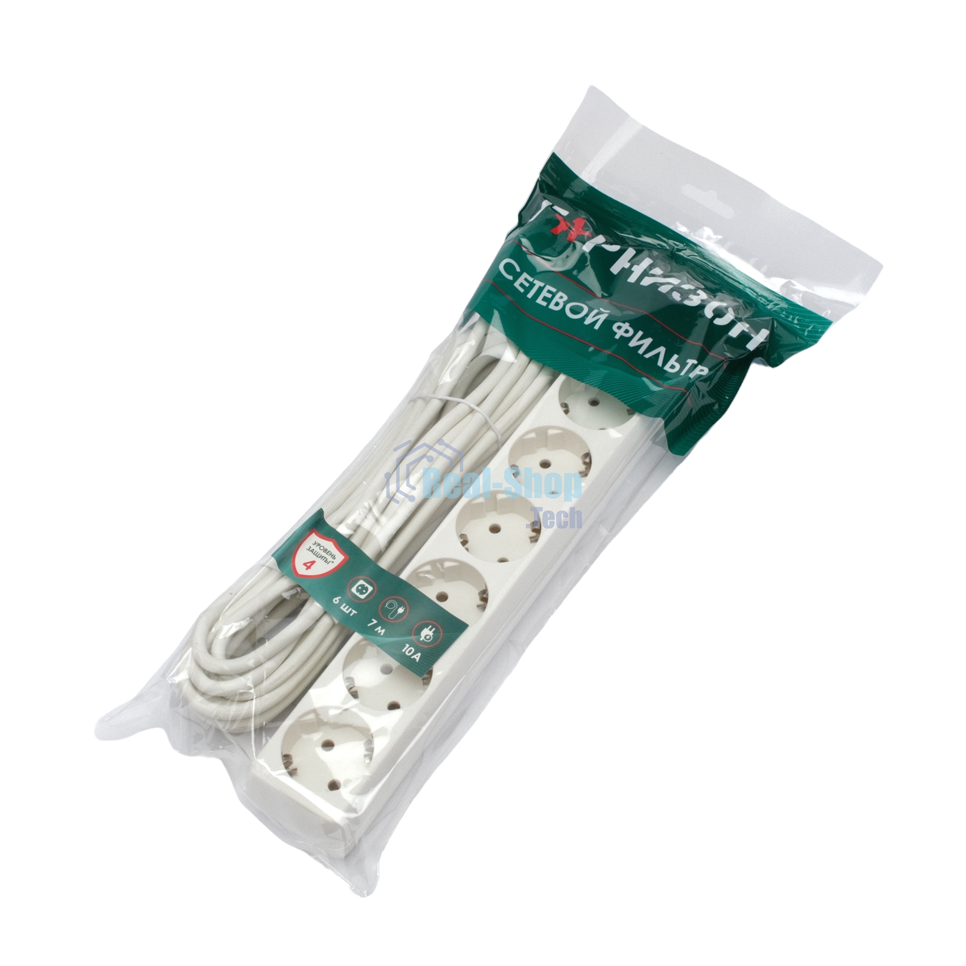 Сетевой фильтр Гарнизон 6 р, 10А, 7 м, ур.защиты 4, белый, пакет