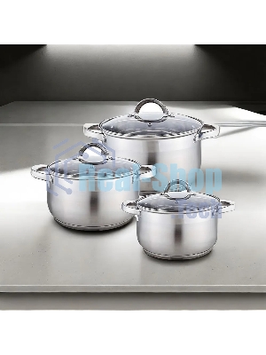 Набор посуды WEBBER BE-616/6 из нерж.стали 6 пр. 2,1 л, 2,9 л, 3,9 л со стеклянными крышками В наборе 6 предметов: кастрюля со стеклянной крышкой 16х10,5 см; 2,1 л кастрюля со стеклянной крышкой 18х11,5 см; 2,9 л кастрюля со стеклянной крышкой 20х12,5см; 3,9л Толщина стали 0,5 мм
