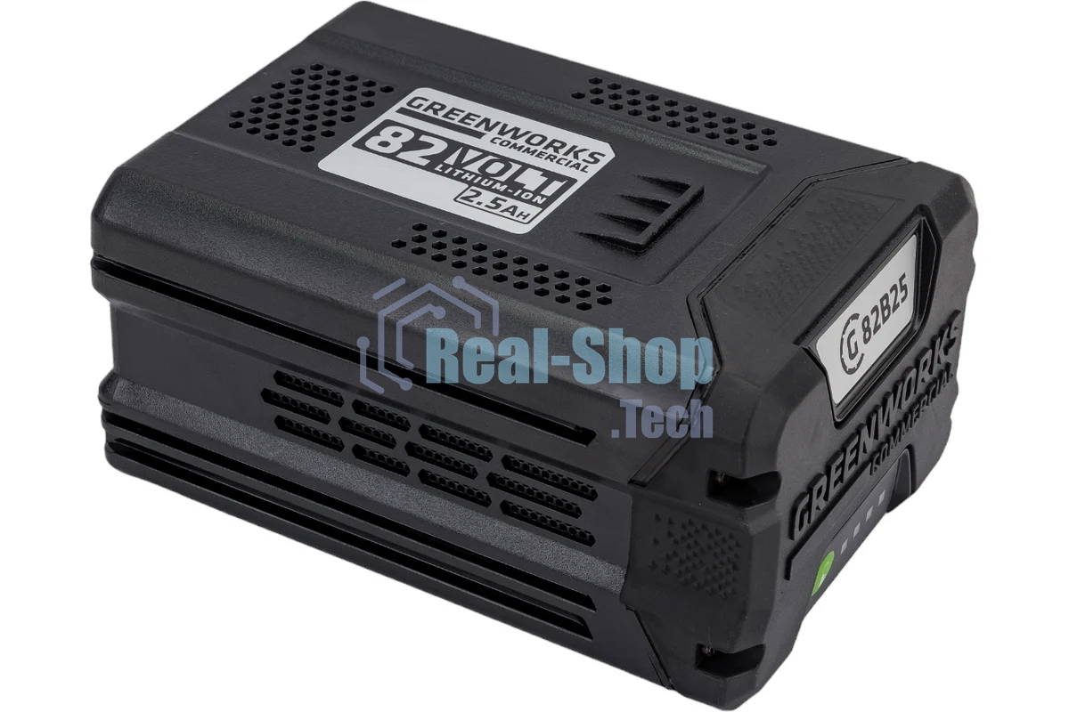 Аккумулятор GreenWorks G82B2, 82V, 2,5 А.ч (2914907) - это литий ионная (Li-ion) батарея, силой тока 2,5 ампер/час и выполненная по самым передовым технологиям. Применяется в линейке всех устройств Greenworks 82V Commercial. Аккумулятор состоит из ячеек производства японской компании LG. Ячейки этого производителя обладают самыми высокими показателями по емкости и выдаваемому напряжению, и относятся к классу A++. Батарея снабжена специальной платой управления, благодаря которой ячейки заряжаются и разряжаются равномерно и одновременно, что значительно продлевает срок жизни аккумулятора (среднее время 7 лет), а также отсутствует эффект потери мощности инструмента при разряде. Для надежной работы аккумулятор снабжен чипом, который защищает его от перезаряда, перегрева и глубокого разряда.Благодаря высокотехнологичным ячейкам, плате управления и защитному чипу, аккумулятор обладает долгим сроком службы - до 2000 циклов заряда-разряда. Корпус - ударопрочный