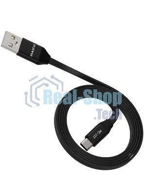 Кабель Maxvi MC-15T black, USB-A - Type-C, 2A ток макс. нагрузки 2А, макс. напряжение 5V; стандарт USB 2.0; плоский кабель, длина 1м, оплетка TPE, металлические корпуса разъемов, цвет черный