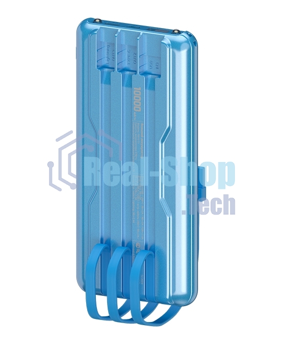 Портативный аккумулятор Maxvi PB10-11 10000 мАч blue 3A, встроенные кабели USB A/Type-C/Lightning