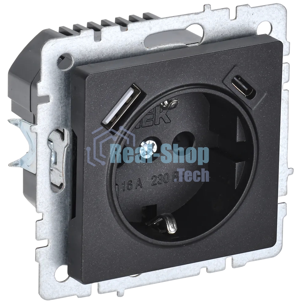 Розетка 1-местная IEK BRITE РЮш11-1-БрЧ (BR-R14-16-U22-018-K02) с заземлением, с защитными шторками, 16А, с USB A+C 18В т, черный