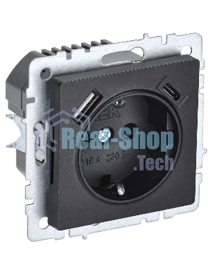 Розетка 1-местная IEK BRITE РЮш11-1-БрЧ (BR-R14-16-U22-018-K02) с заземлением, с защитными шторками, 16А, с USB A+C 18В т, черный