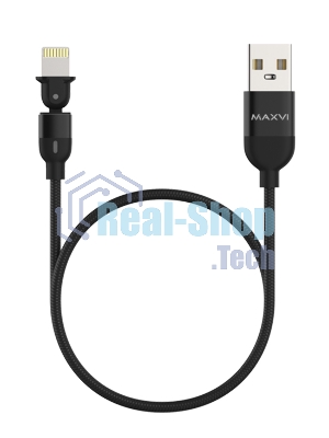 Кабель Maxvi MC-19L black, USB-A - Lightning, 2.4A, LED ток макс. нагрузки 2.4А, макс. напряжение 5V; стандарт USB 2.0; длина кабеля 1.5м, нейлоновая оплетка, металлические корпуса разъемов,LED подсветка, цвет: черный