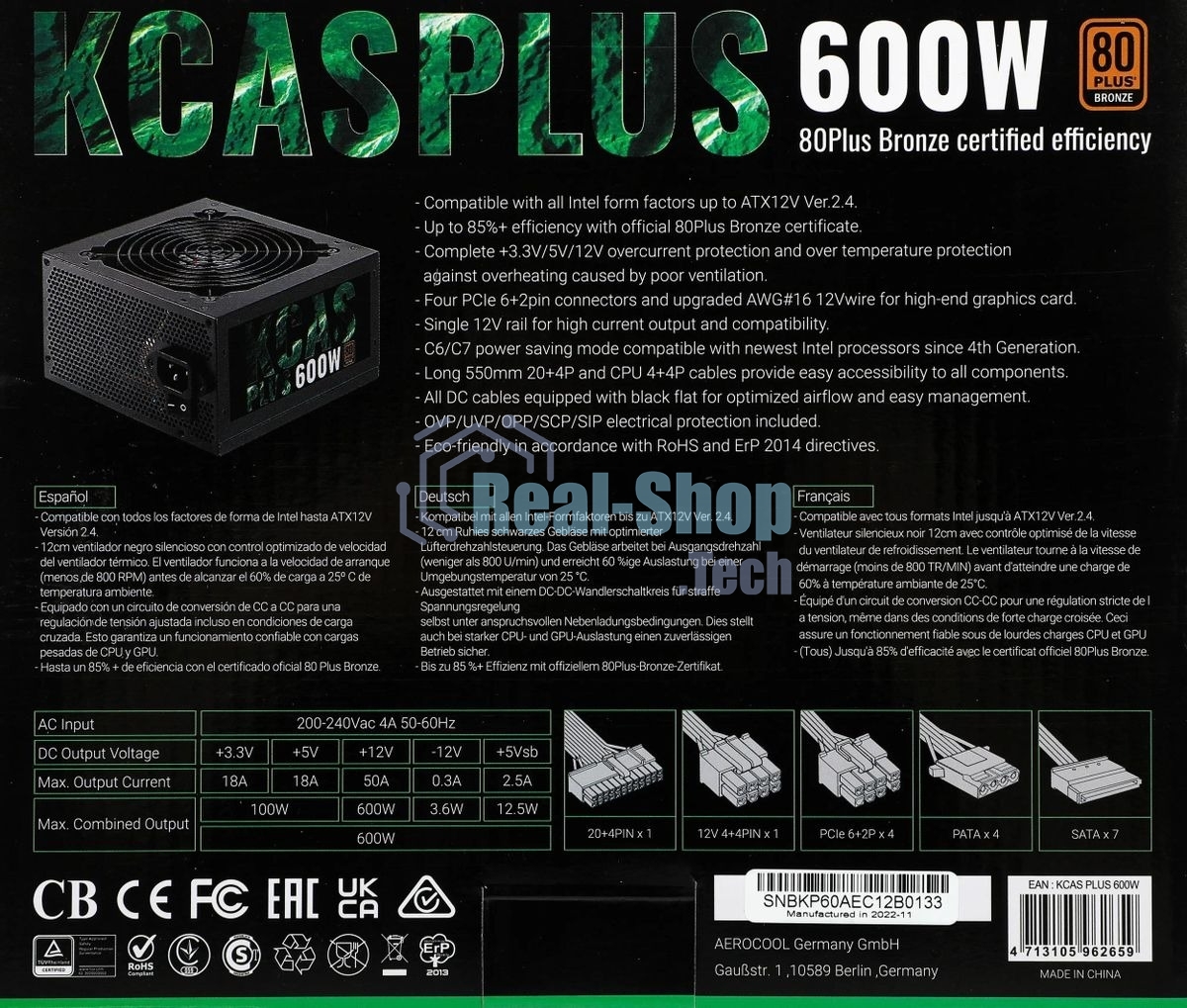 Блок питания Aerocool/Formula KCAS PLUS 600W, 600Вт, 80 PLUS Bronze, 120мм, черный