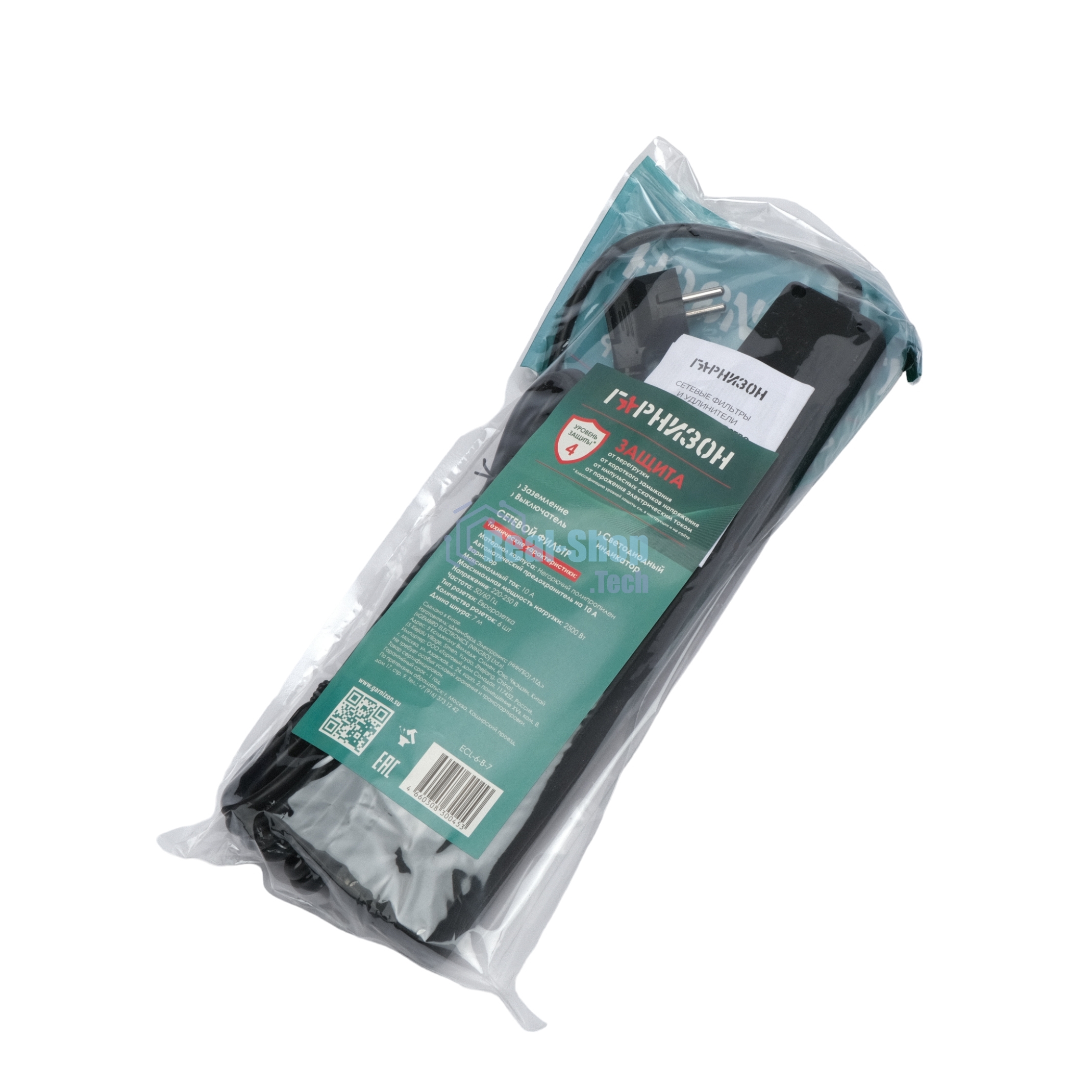 Сетевой фильтр Гарнизон 6 р, 10А, 7 м, ур.защиты 4, черный, пакет