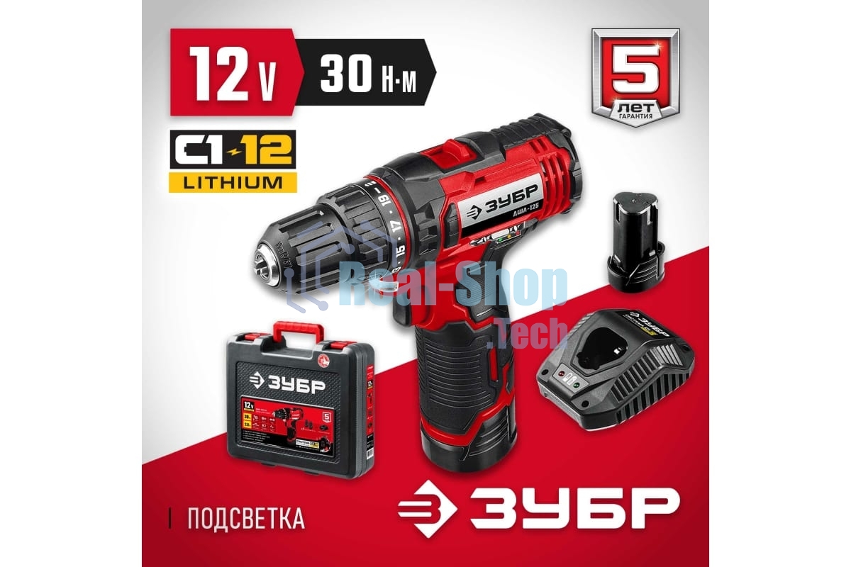 Дрель-шуруповерт аккумуляторная ЗУБР ДШЛ-125-22, Аккумуляторная, 12В, 2 АКБ, Кейс