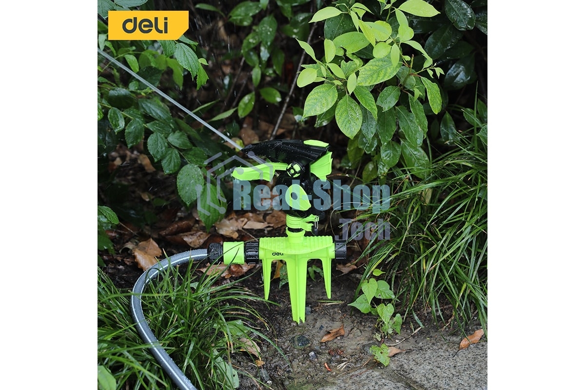 Дождеватель-разбрызгиватель импульсный на 3-х пиках Deli DL581302 площадь орошения до 490кв.м, сектор полива 0-360 град, диаметр шланга 3/4