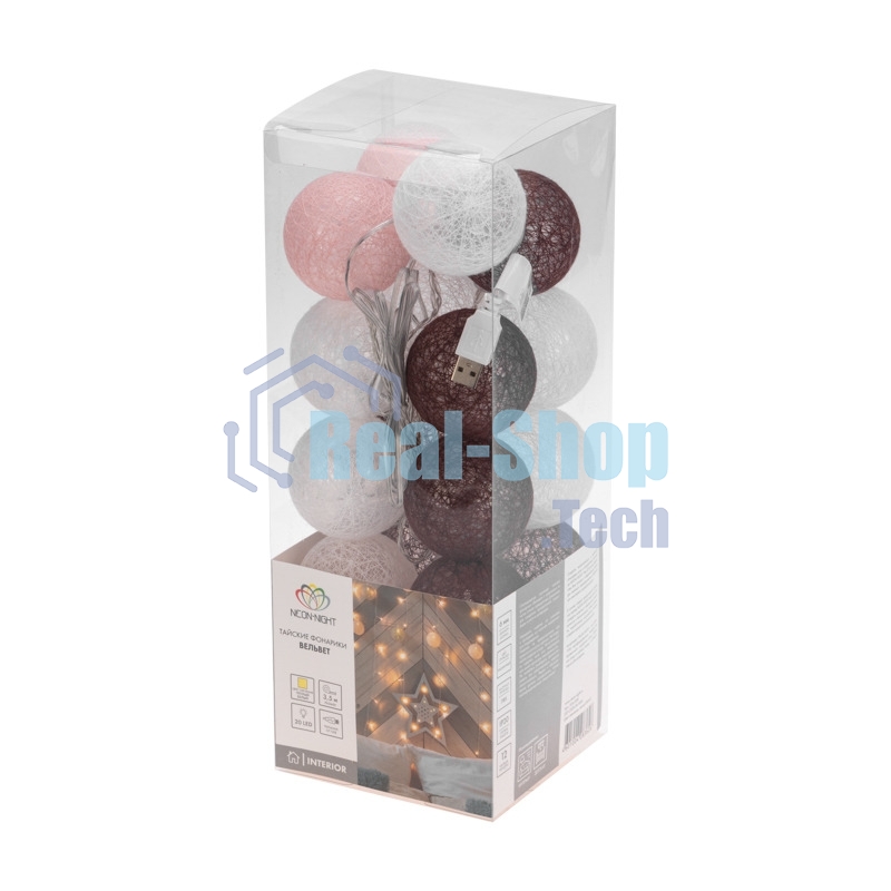 Тайские фонарики Neon-night Вельвет 3,5 м, 20 LED, прозрачный ПВХ, теплый белый, питание USB