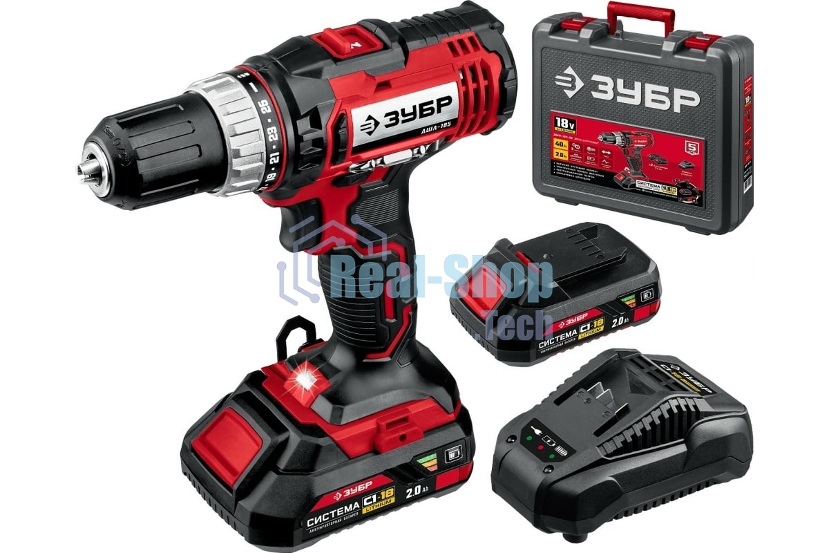 Дрель-шуруповерт аккумуляторная Зубр ДШЛ-185-22, Аккумуляторная, 18В, 2 АКБ, Кейс